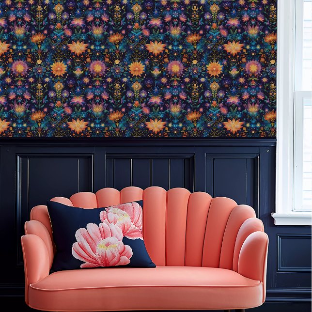 Papel Pintado Fairycore Ethereal Flores Funky (Fairycore Ethereal Funky Glowing Flowers Wallpaper above a coral scalloped sofa.)
