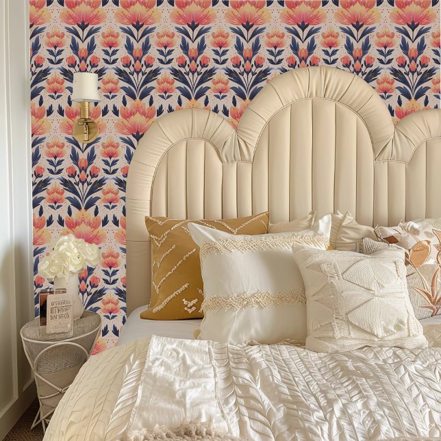 Papel Pintado Fairycore Peach, Yellow and Blue Floral (Fairycore Peach, Yellow, and Blue Floral Wallpaper behind a cream colored headboard.)