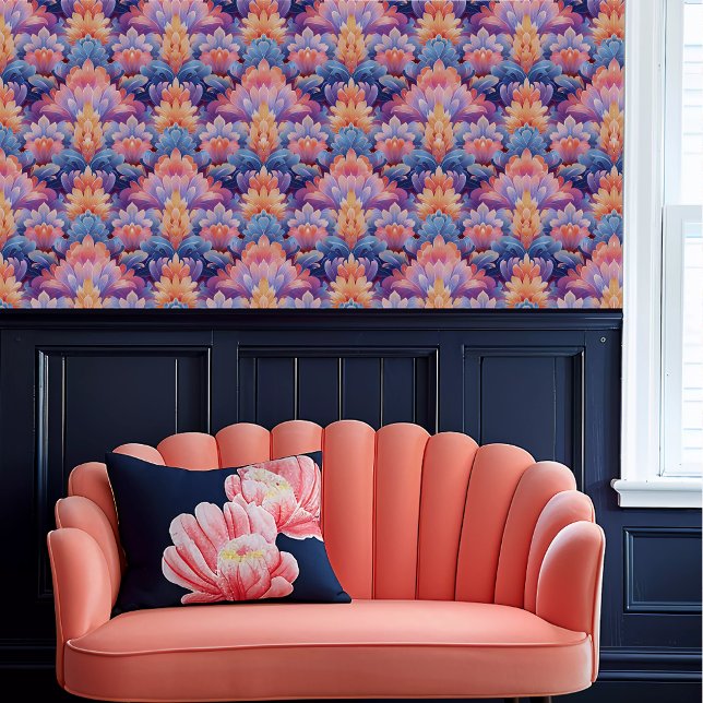 Papel Pintado Fairycore Púrpura, Naranja y Fauna Azul (Fairycore Purple, Orange, and Blue Fauna Wallpape above a coral scalloped sofa.)