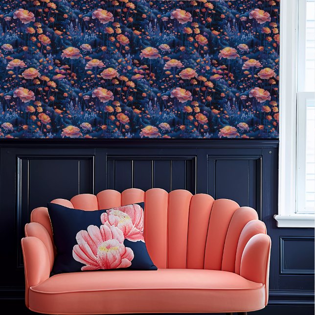 Papel Pintado Fairycore Whimsical Coral y Blue Floral (Fairycore Whimsical Coral and Blue Floral Wallpaper above a coral scalloped sofa.)