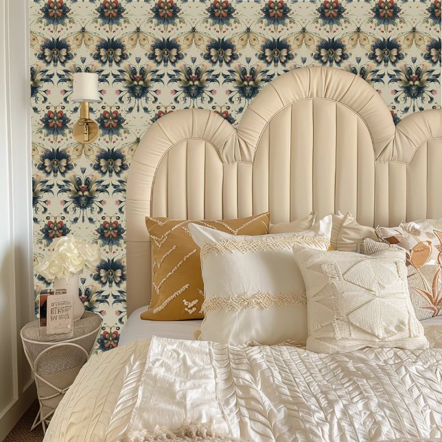 Papel Pintado Fairycore Whimsical Flower Bugs (Fairycore Whimsical Flower Bugs Wallpaper behind a cream colored headboard.)