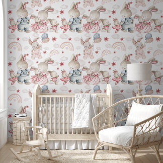Papel Pintado Familia de conejos de pastel Guardería Acuarela