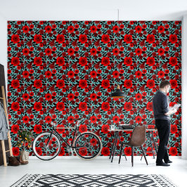 Papel Pintado Fantasía Flor de jungla roja y azul