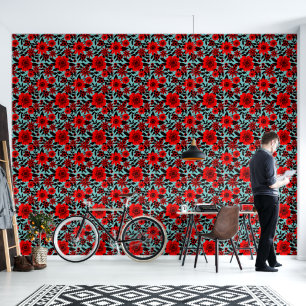 Papel Pintado Fantasía Flor de jungla roja y azul
