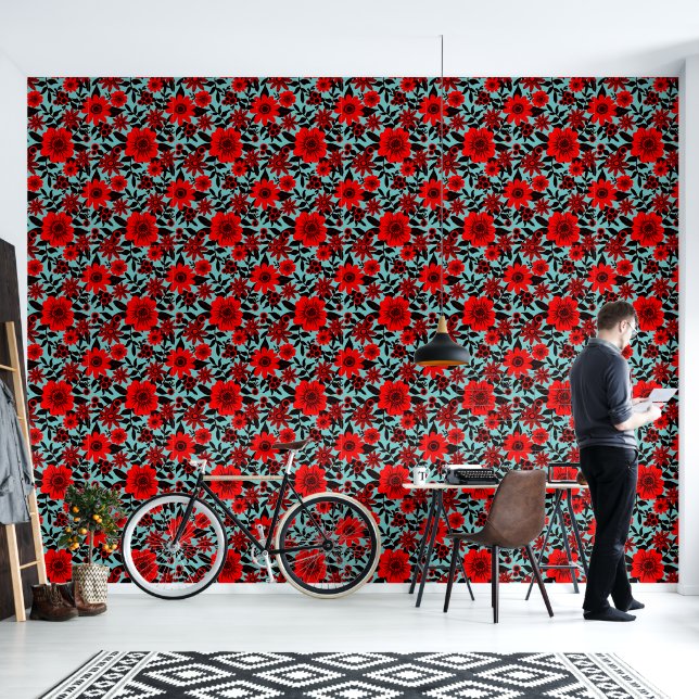 Papel Pintado Fantasía Flor de jungla roja y azul (Sala de estar)