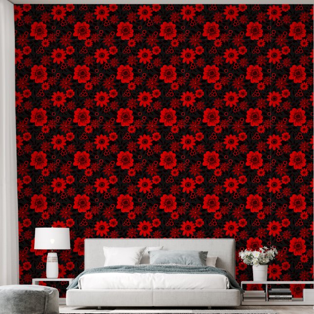 Papel Pintado Fantasía Flor de jungla roja y negra (Dormitorio)