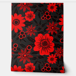 Papel Pintado Fantasía Flor de jungla roja y negra