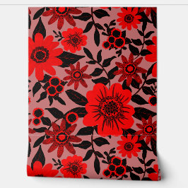Papel Pintado Fantasía Flor de jungla roja y rosa