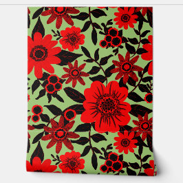 Papel Pintado Fantasía Flor de jungla roja y verde