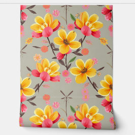 Papel Pintado Fantasía floral amarilla y rosa vibrante