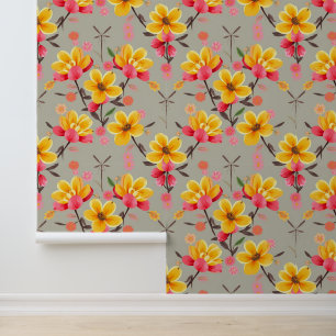 Papel Pintado Fantasía floral amarilla y rosa vibrante
