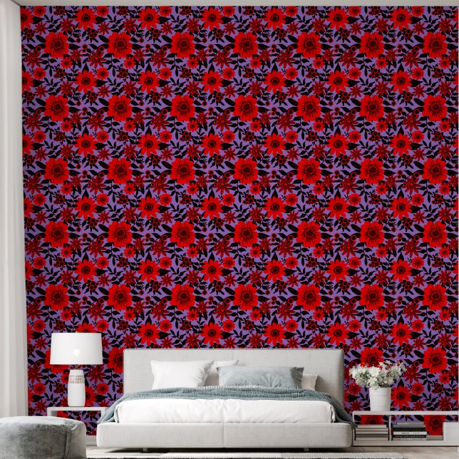 Papel Pintado Fantasía Floral de jungla roja y púrpura (Dormitorio)