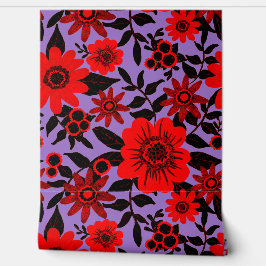 Papel Pintado Fantasía Floral de jungla roja y púrpura