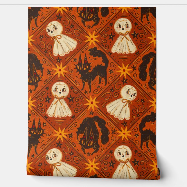 Papel Pintado Fantasma de Halloween antiguo y Harlequin de gatos (Desenrollar)