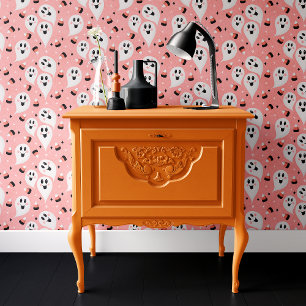 Papel Pintado Fantasma Rosa y Calabaza de Halloween