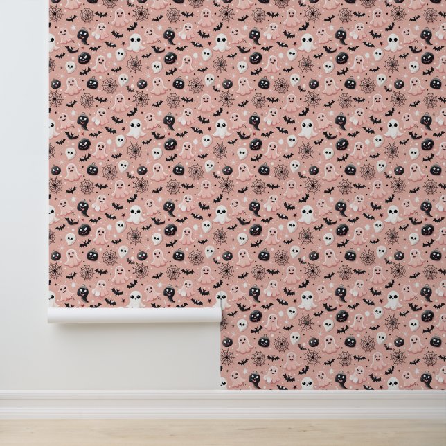 Papel Pintado Fantasma rosa y patrón sin foco de Halloween (Solicitud)
