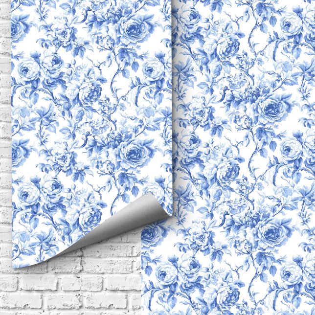 Papel Pintado Farmhouse Blue French Toile Roses Floral Wallpaper (Farmhouse Blue French Toile Roses Floral Wallpaper Design)