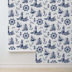 Papel Pintado Faros Náuticos Navy Blanco Azul