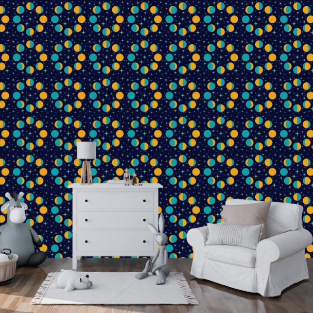 Papel Pintado Fases de la luna del niño y estrellas tiñe el azul (Kid's Room or Playroom Moon Phases and Stars Twinkles Dark Blue | Golden Yellow | Aqua Wallpaper)