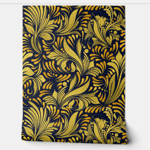 Papel Pintado Faux Gold Metallic Florece en azul oscuro