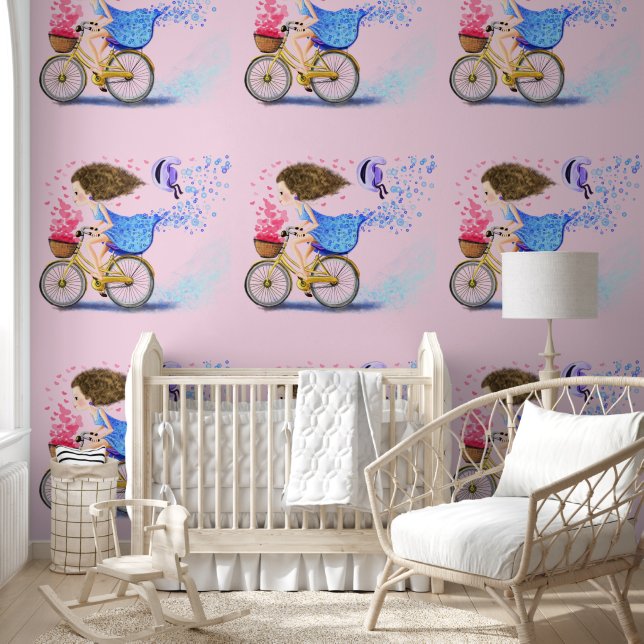 Papel Pintado Feliz Chica con bicicleta (Niños)