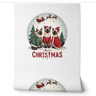 Papel Pintado Feliz Navidad Tres Santa Elfo Reno Gatos Siameses