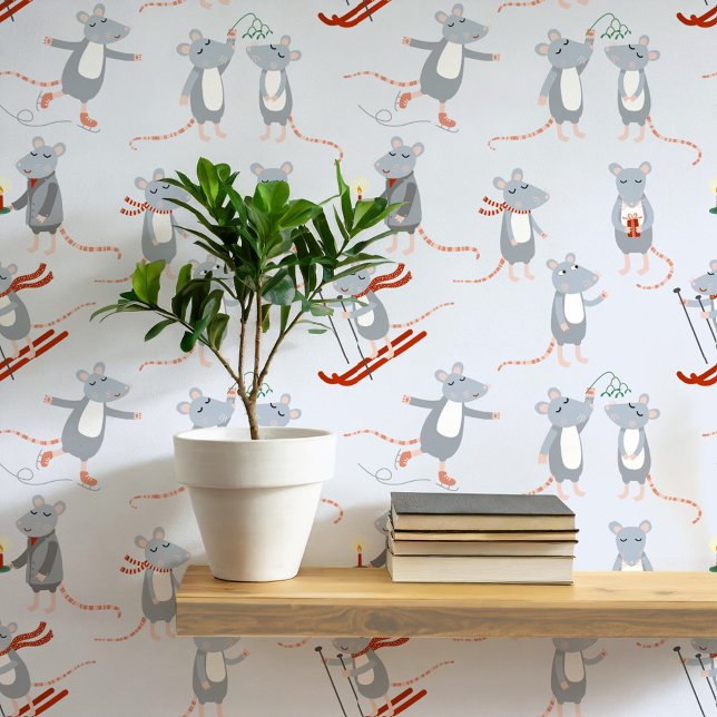 Papel Pintado Festividad de invierno de ratones azul (Fun winter mice art wallpaper)