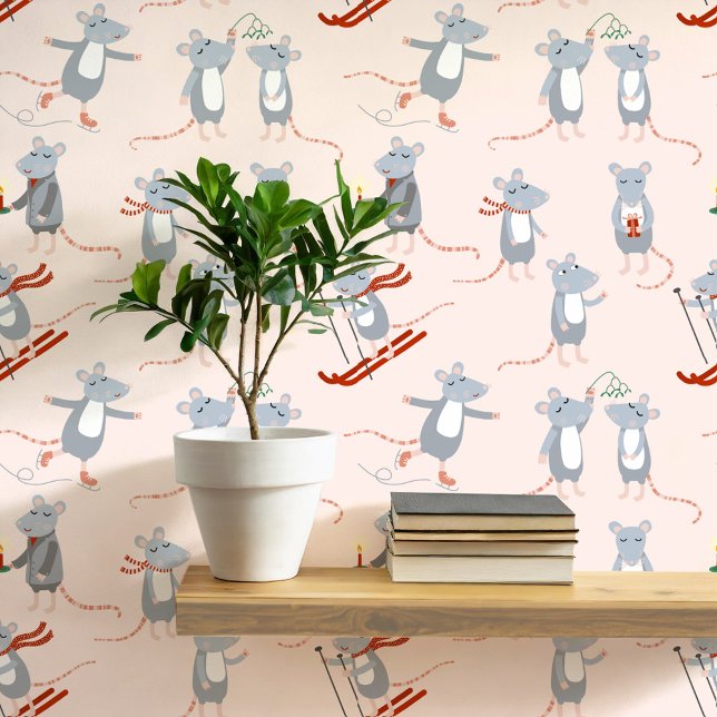 Papel Pintado Festividad de invierno ratones de vacaciones rosa (Fun winter mice art wallpaper)