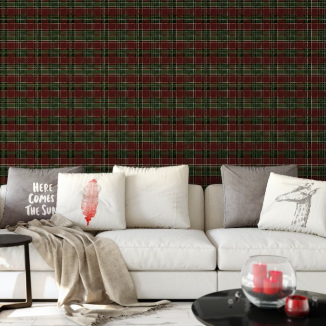Papel Pintado Festividad de los Navidades Green Plaid de Borgoña (Burgundy Green Plaid Christmas Holiday Wallpaper)