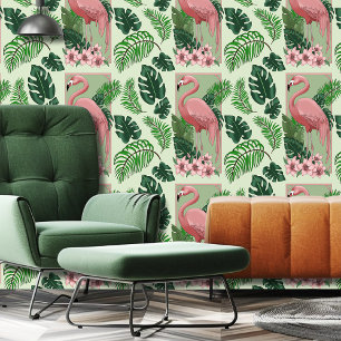 Papel Pintado Flamenco Rosa Tropical Hojas de Palma Verde Lirio