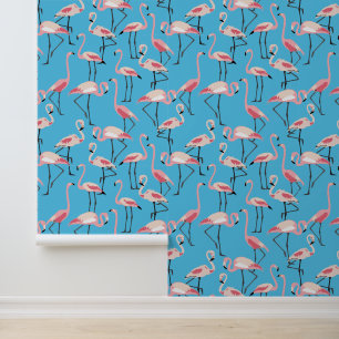 Papel Pintado Flamencos rosados sobre colorido azul