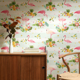 Papel Pintado Flamencos rosados tropicales y patrón de rayas de