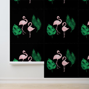Papel Pintado Flamencos rosas y hojas de palma sobre negro