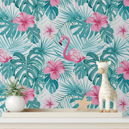Papel Pintado Flamingo Rosa Hibiscus Floral Verdor tropical