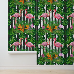 Papel Pintado Flamingos Dark Grunge Stripe Flores Verdor