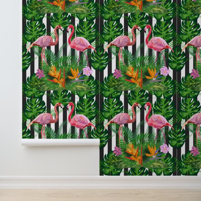 Papel Pintado Flamingos Dark Grunge Stripe Flores Verdor (Solicitud)
