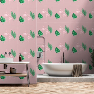 Papel Pintado Flamingos rosados y hojas de palma sobre rosa páli