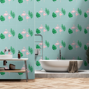 Papel Pintado Flamingos rosados y hojas de palma sobre verde azu