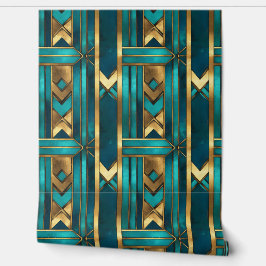 Papel Pintado Flechas geométricas Art Deco, oro y turquesa