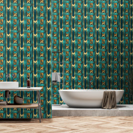 Papel Pintado Flechas geométricas Art Deco, oro y turquesa