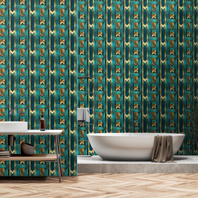 Papel Pintado Flechas geométricas Art Deco, oro y turquesa (Baño)