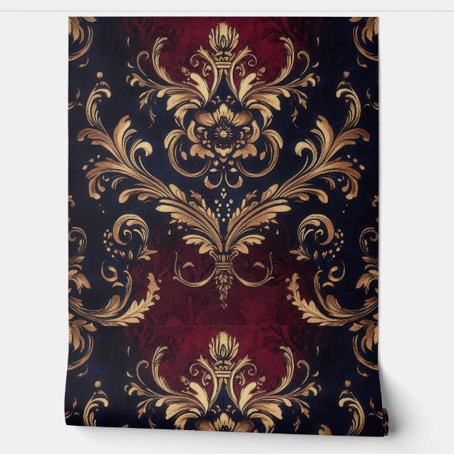 Papel Pintado Flor barroca escarlata y dorada (Desenrollar)