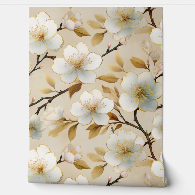 Papel Pintado Flor blanca acuarela cerezo japonés (Desenrollar)