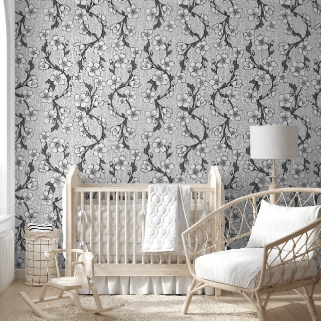 Papel Pintado Flor botánica moderna en blanco y negro (Niños)