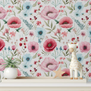 Papel Pintado Flor de Campo Roja Azul Elegante Pega y Pega