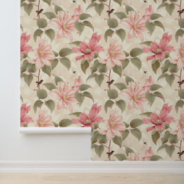 Papel Pintado Flor de liana Clematis con aves y abejas