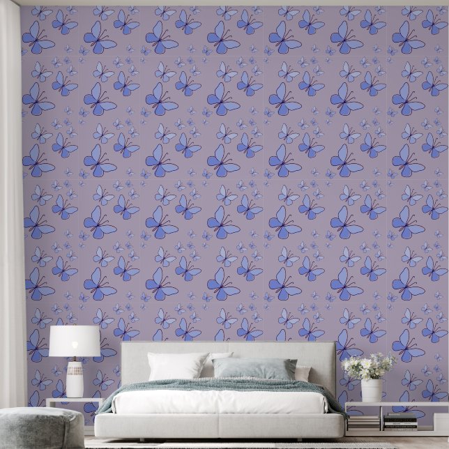 Papel Pintado Flor de mariposa azul perinchable Lavanda Gris (Dormitorio)