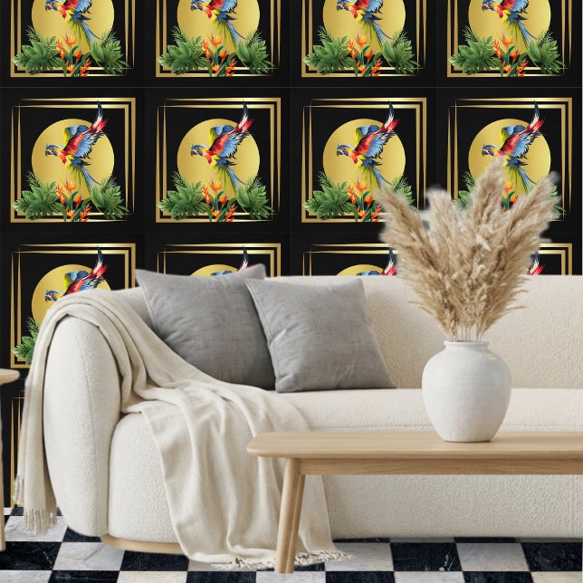 Papel Pintado Flor de Pájaro Tropical Negro Oro (Subido por el creador)