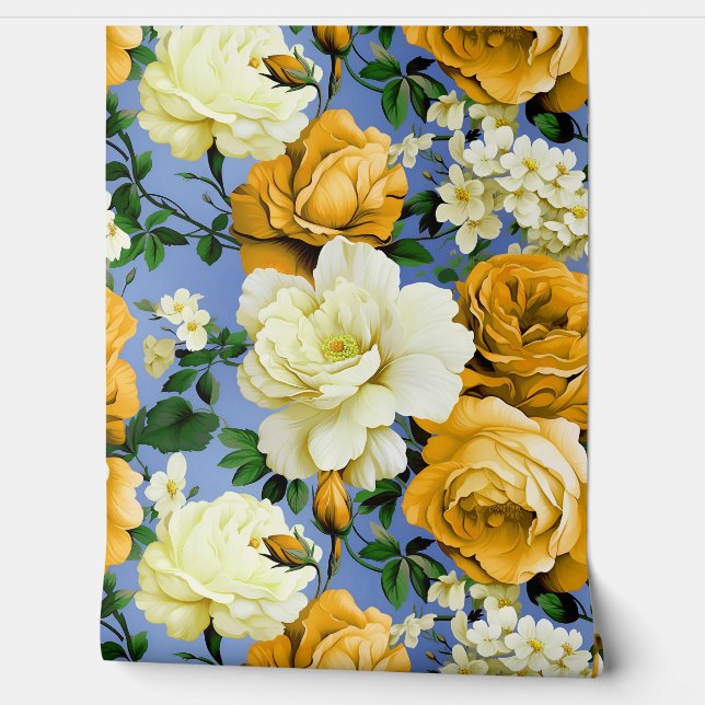 Papel Pintado Flor de rosa amarillo retro grande (Desenrollar)