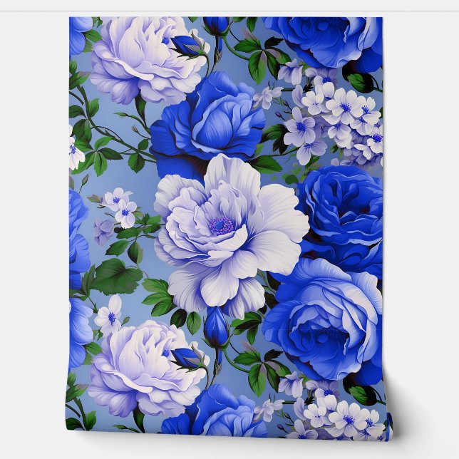 Papel Pintado Flor de Rosa azul retro grande (Desenrollar)
